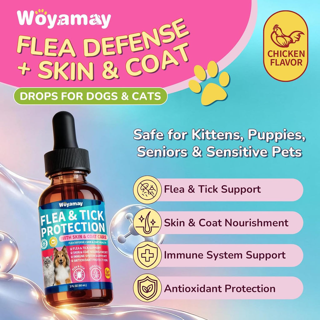 Natural chicken flavored flea and tick drops for dogs and cats showing graduated dropper.