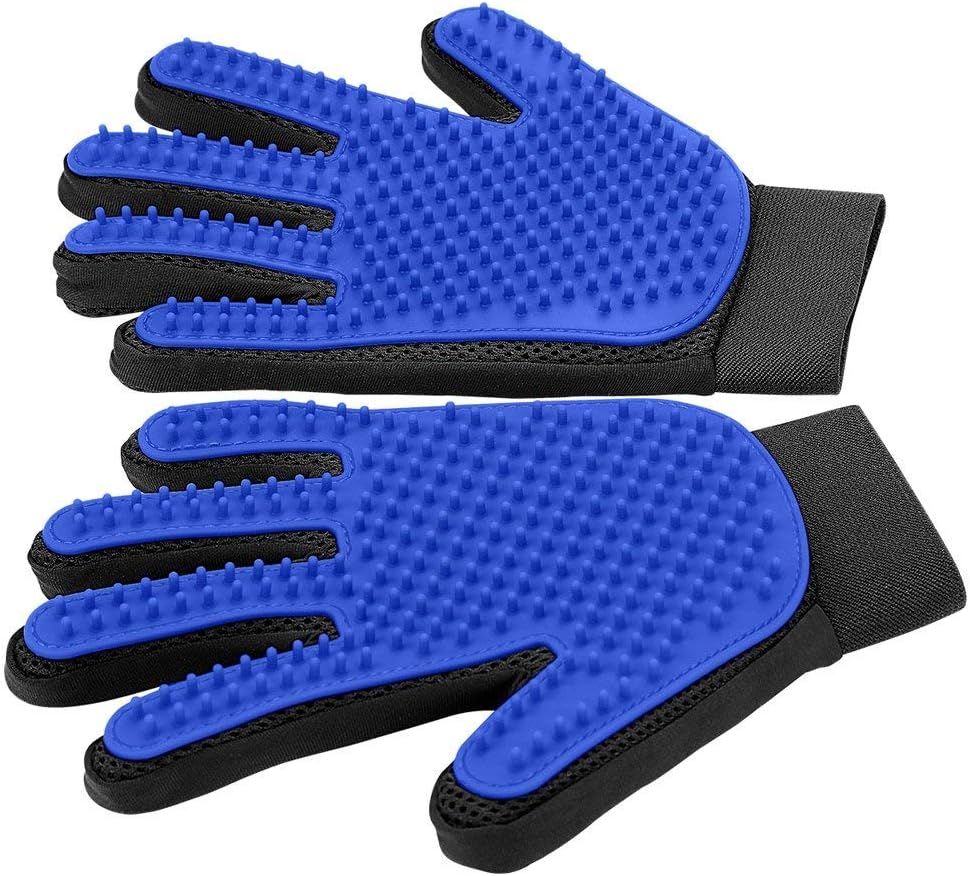 Delomo pet grooming gloves front view showing blue silicone tips.