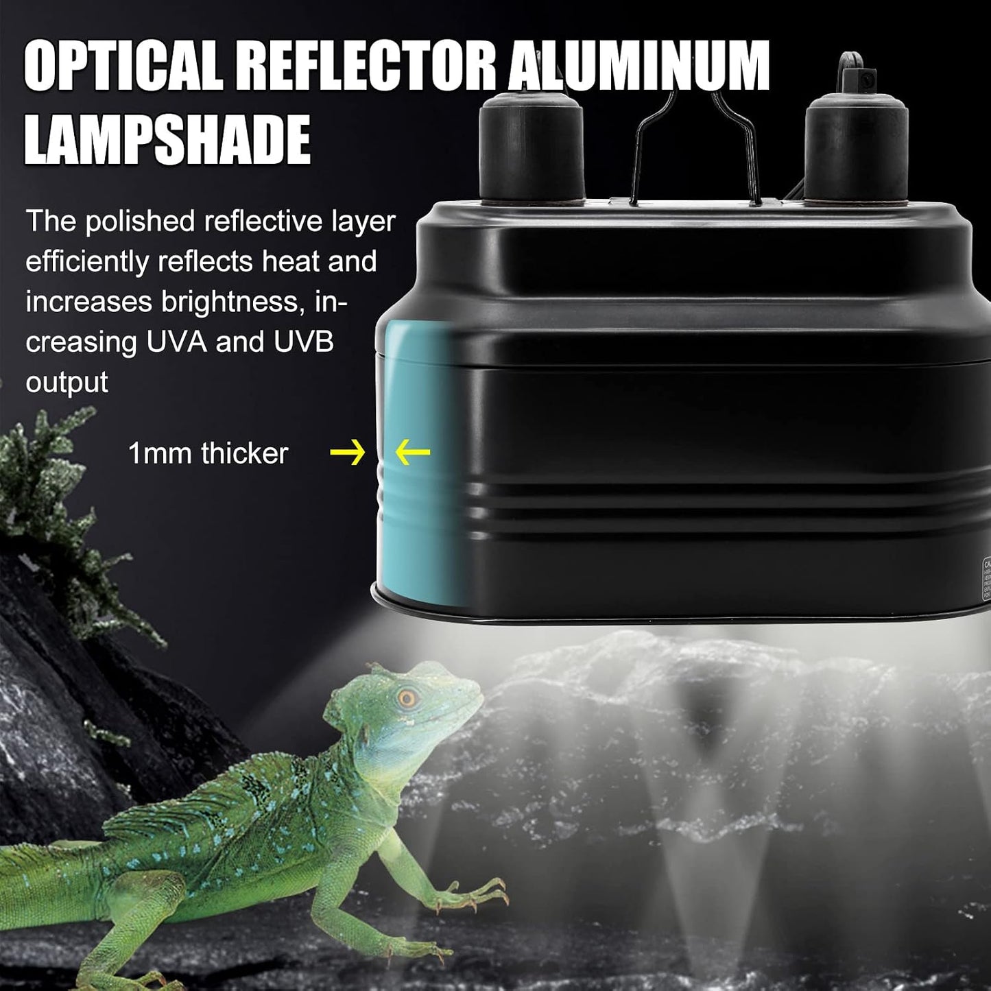 MECESOR double socket basking light holder emphasizing the heat vents and polished aluminum reflector.