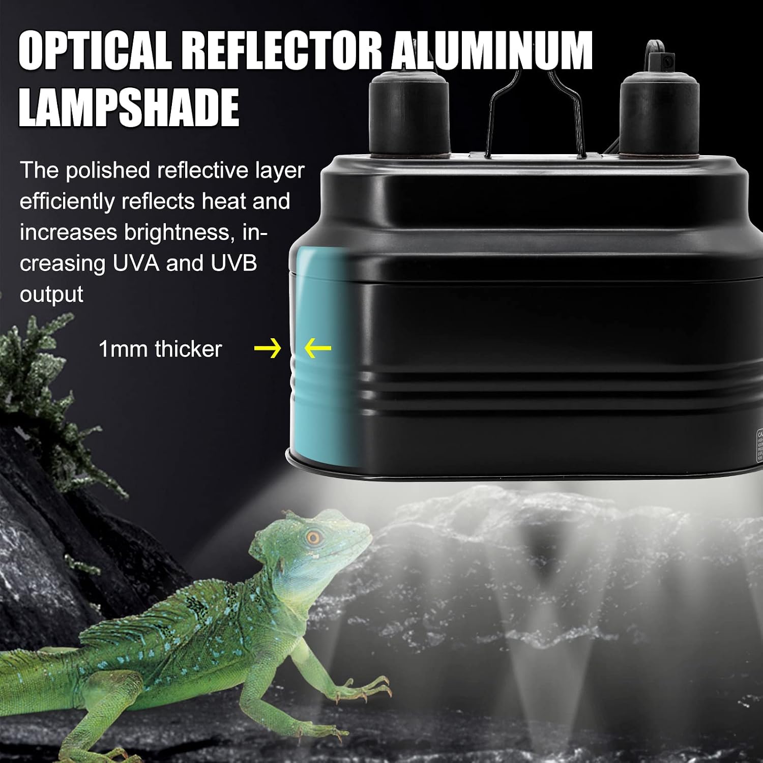 MECESOR double socket basking light holder emphasizing the heat vents and polished aluminum reflector.