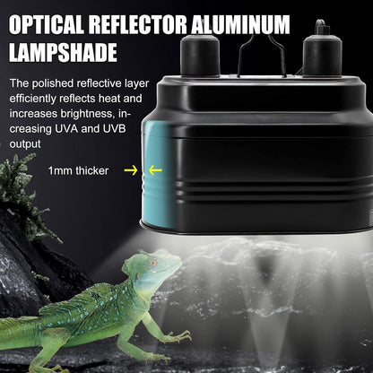 MECESOR double socket basking light holder emphasizing the heat vents and polished aluminum reflector.