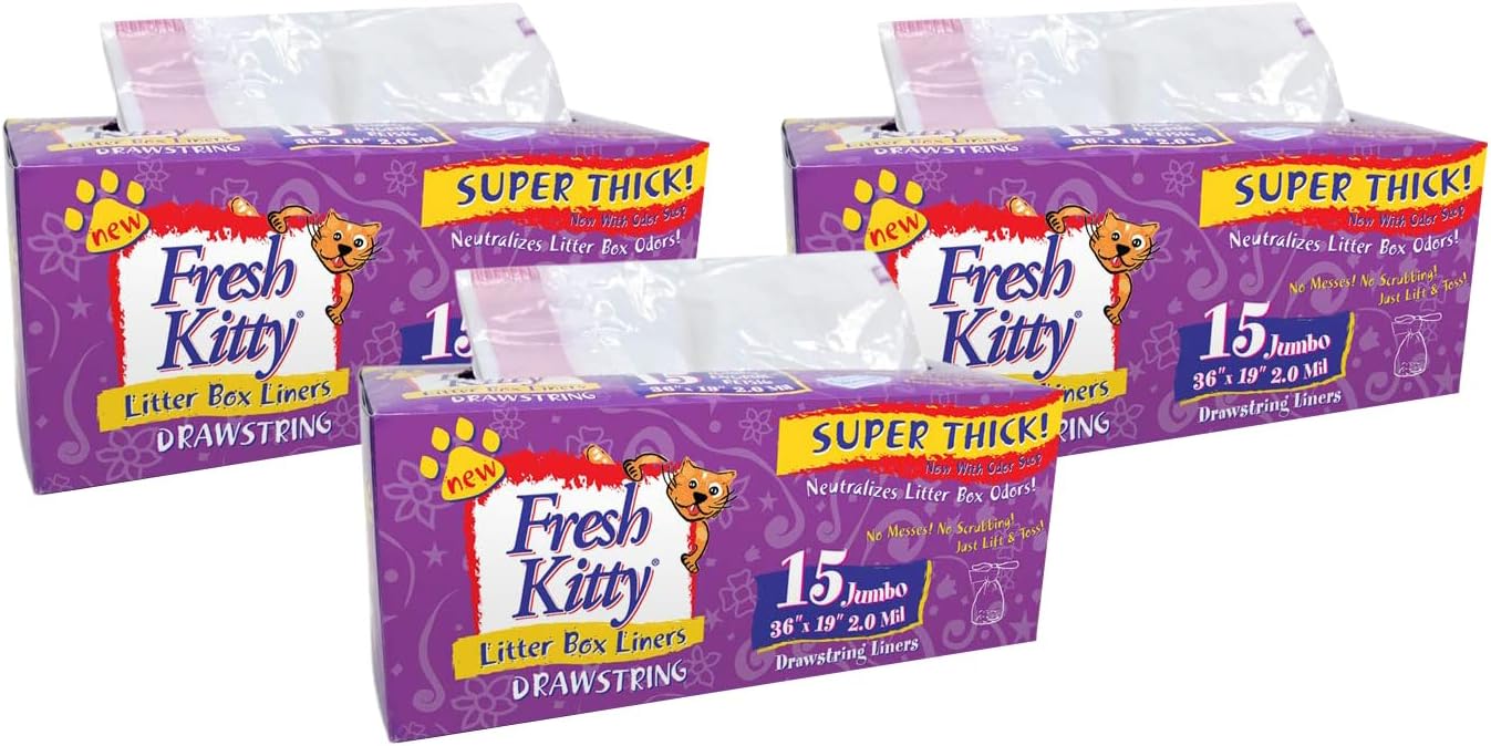 Easy cleanup process showing the drawstring being pulled on Fresh Kitty cat liners.