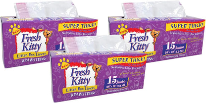 Easy cleanup process showing the drawstring being pulled on Fresh Kitty cat liners.