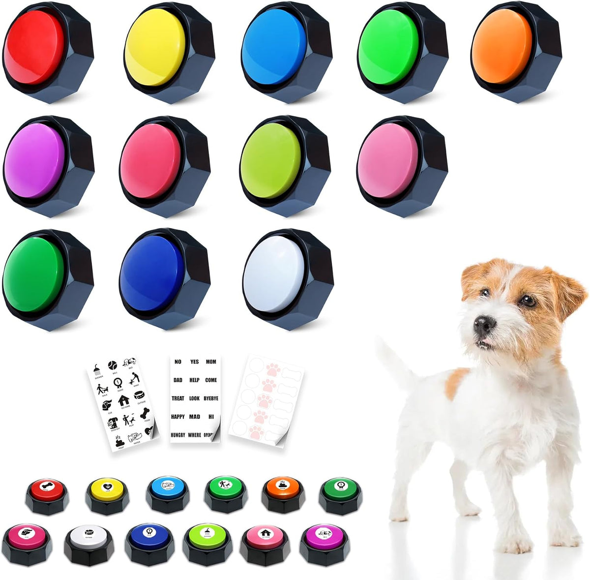 Green and red electronic recordable communication buttons for domestic cats and dogs.