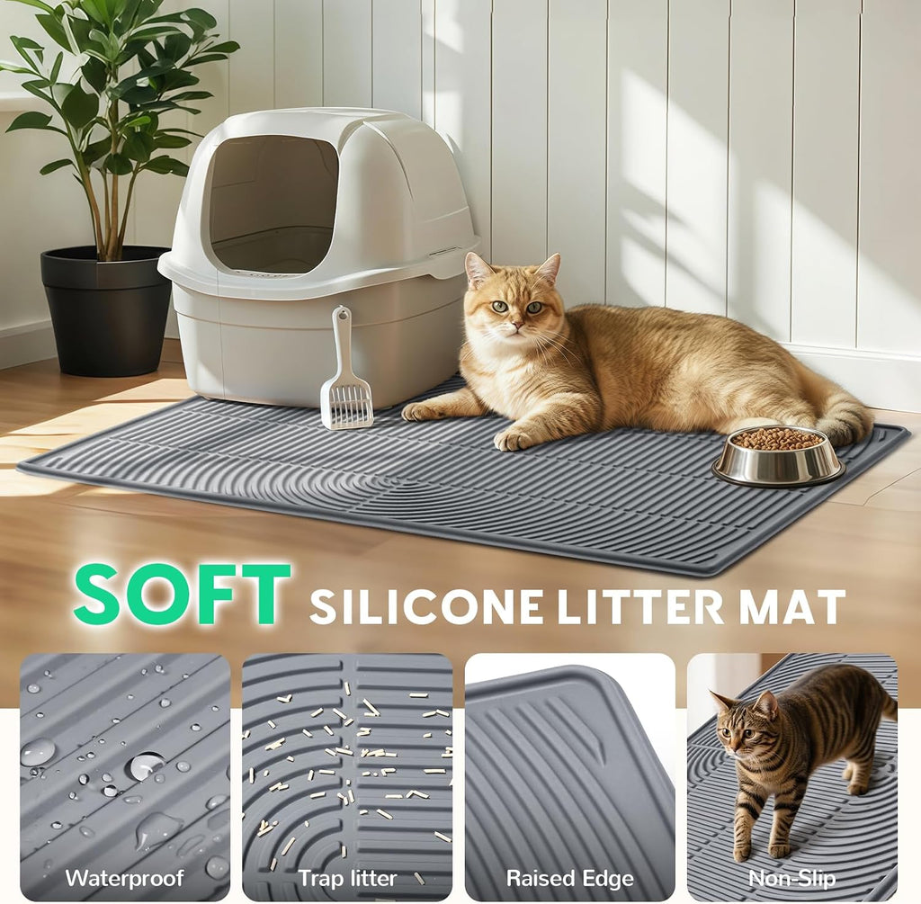 Waterproof gray silicone cat litter mat with raised spill proof border