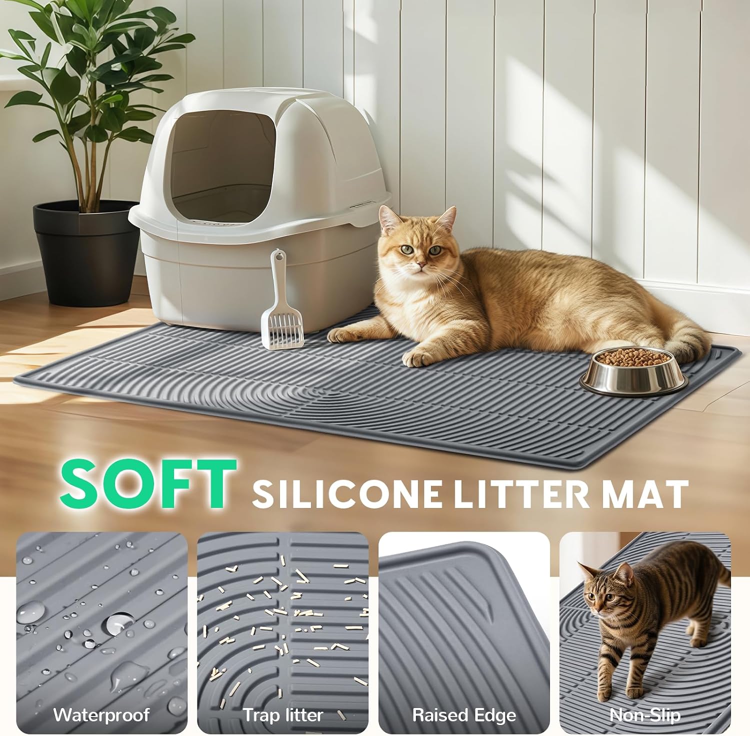 Waterproof gray silicone cat litter mat with raised spill proof border