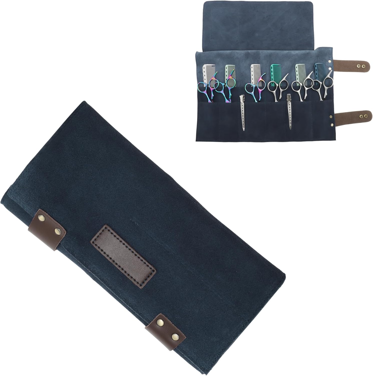 VOCOSTE barber scissors bag roll up front view showcasing blue leather material