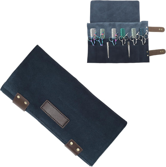 VOCOSTE barber scissors bag roll up front view showcasing blue leather material
