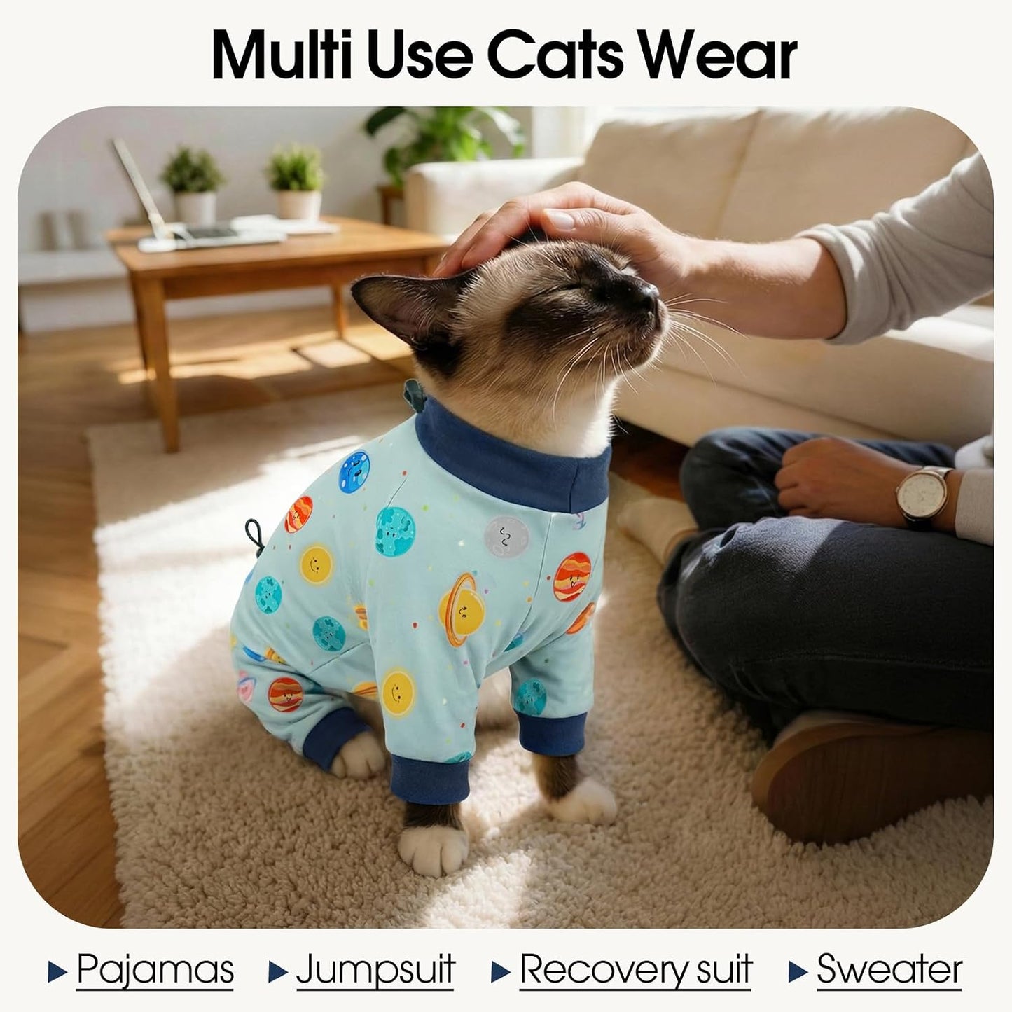 Side view of cat wearing Dentrun breathable lint resistant suit