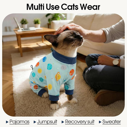 Side view of cat wearing Dentrun breathable lint resistant suit