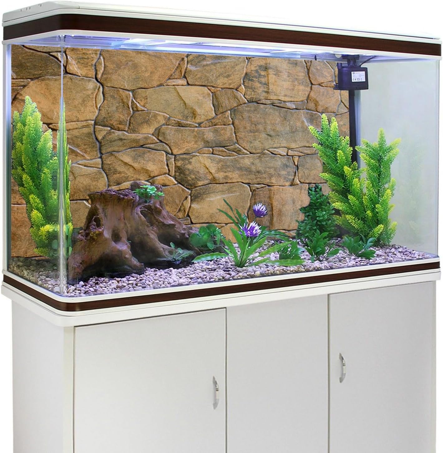 AWERT rocky fish tank backdrop installed securely on a clean glass terrarium enclosure