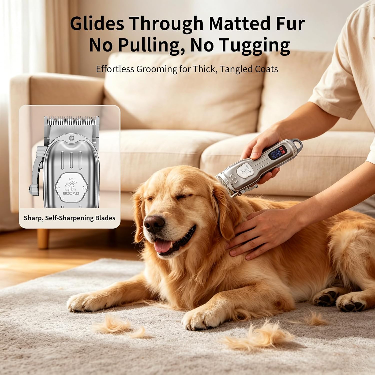 Gooad heavy duty pet shaver display screen highlighting battery percentage and speed settings