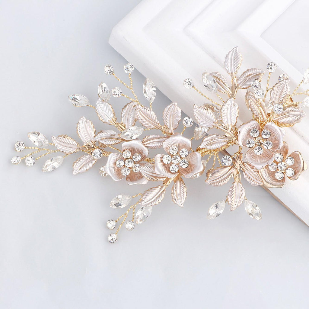 SWEETV Light Rose Gold Bridal Hair Comb front view with floral rhinestones