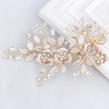 SWEETV Light Rose Gold Bridal Hair Comb front view with floral rhinestones
