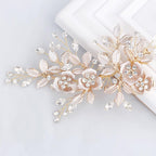 SWEETV Light Rose Gold Bridal Hair Comb front view with floral rhinestones
