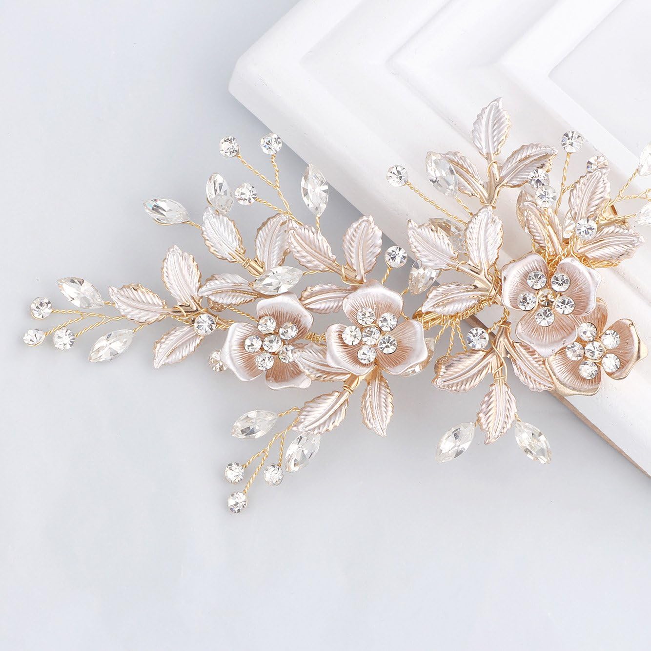 Sweetv light rose gold wedding hair clip front view with rhinestones