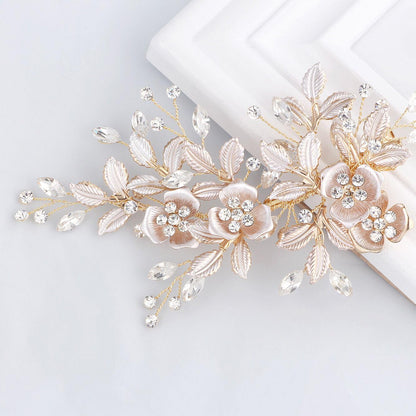 Sweetv light rose gold wedding hair clip front view with rhinestones