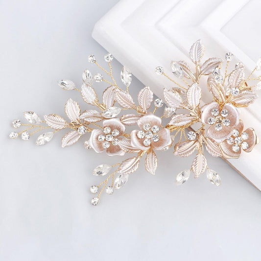 Sweetv light rose gold wedding hair clip front view with rhinestones