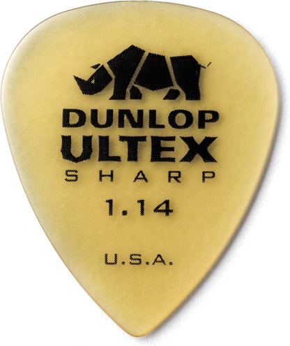 Dunlop yellow Ultex Sharp plectrum displaying the seamless contoured edge finish.