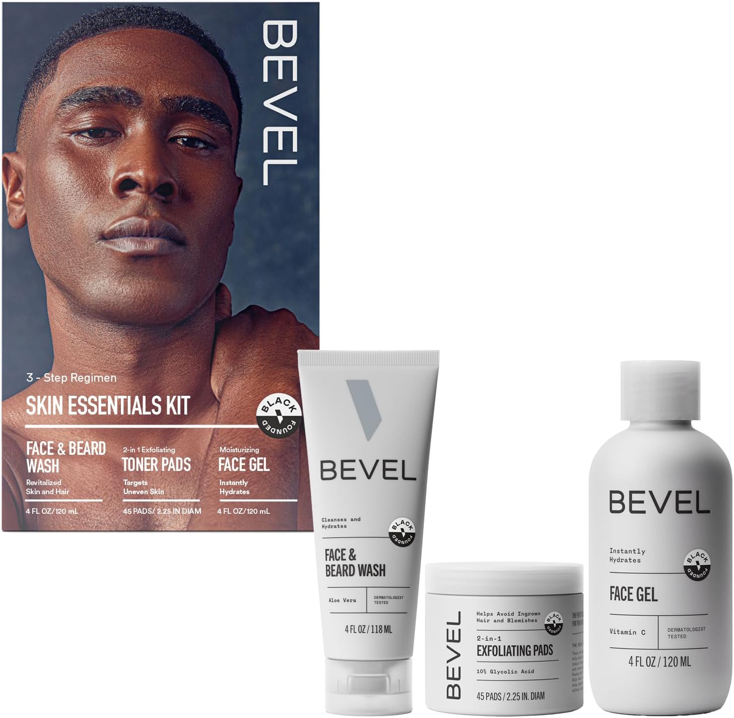 Bevel Facial Skin Care Set for Men front view of 3 step routine products