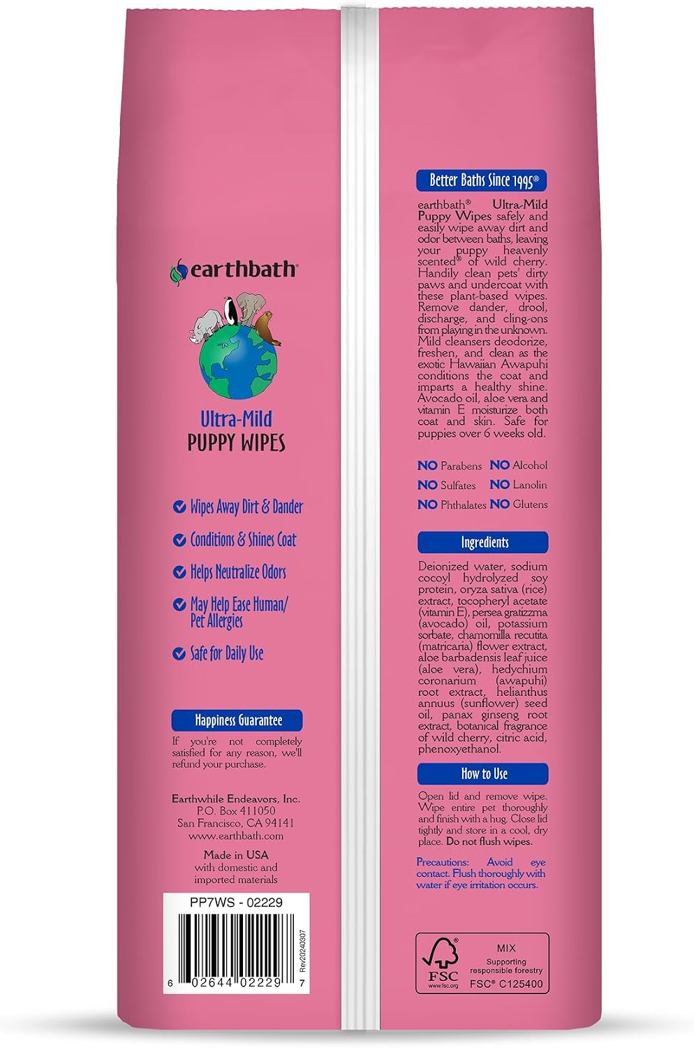 Earthbath dog cleaning wipes 100 count package label
