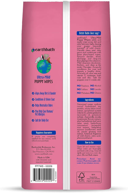 Earthbath dog cleaning wipes 100 count package label
