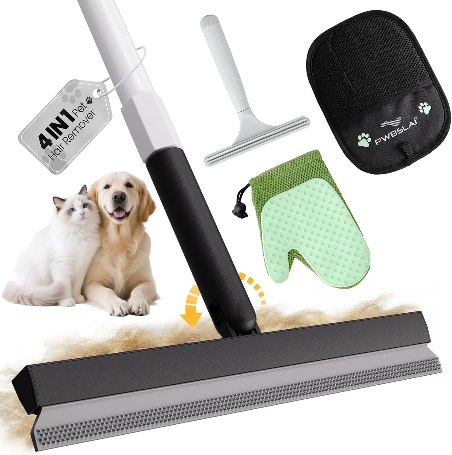 Carpet Rake for Pet Hair Removal Tool - 4 in 1 Pet Hair Remover Kit for Dog Cat Fur Remover, Contain 60" Adjustable Rubber Broom, Glove, Magic Brush and Scraper for Furniture,Short Pile Carpets, Mats - Image 11