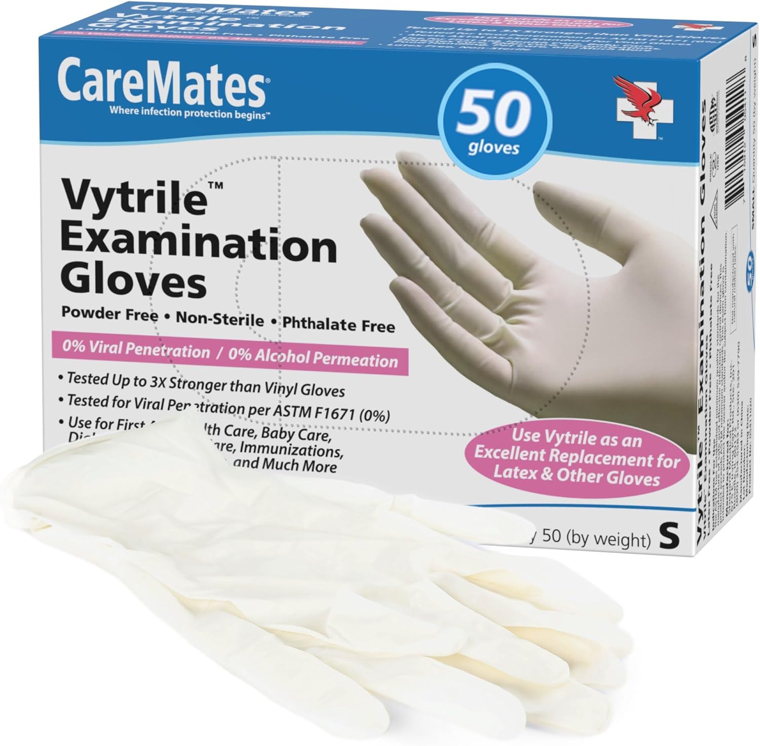 CareMates Vytrile Medical Exam Gloves 50 pack front view box