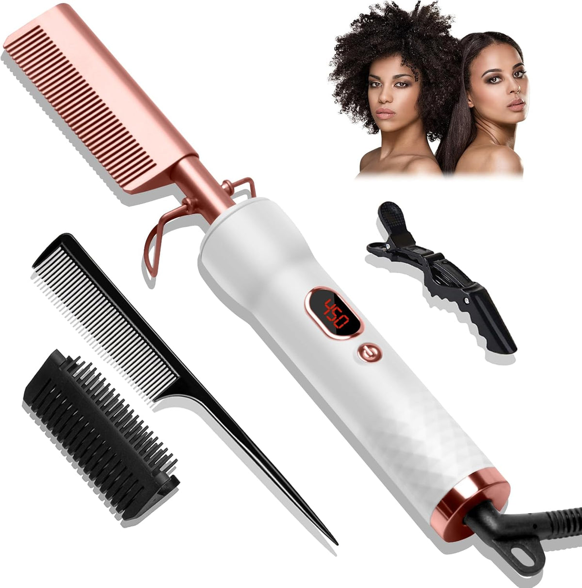 Yitrust Electric Hot Comb front view showing rose gold teeth and digital display screen for wig styling