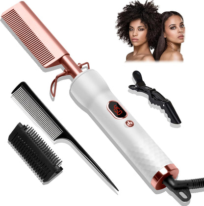 Yitrust Electric Hot Comb front view showing rose gold teeth and digital display screen for wig styling