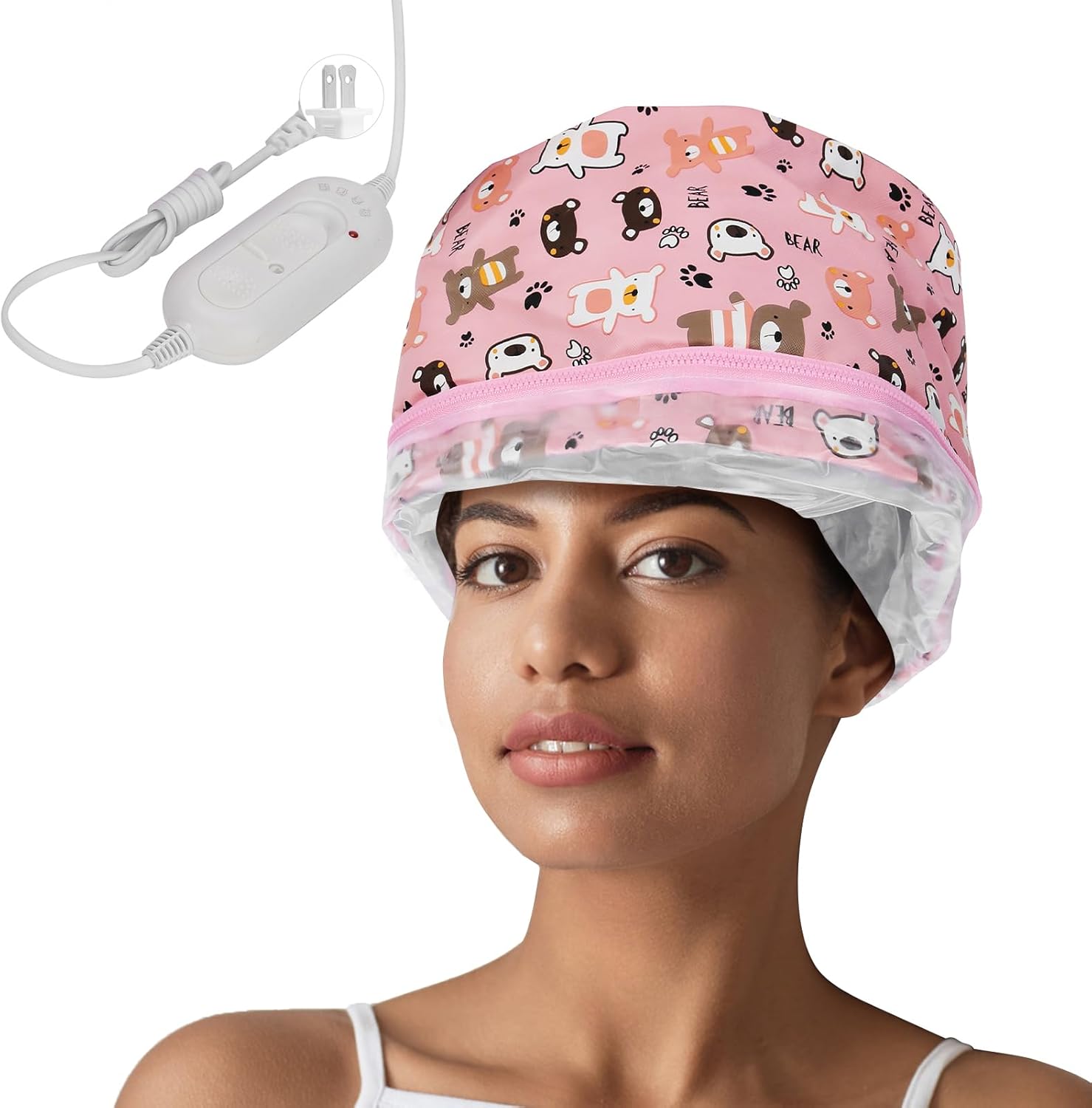 Pilipane electric hair steamer cap front view showing soft bear design for deep conditioning treatments.
