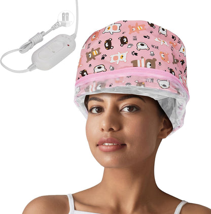 Pilipane electric hair steamer cap front view showing soft bear design for deep conditioning treatments.