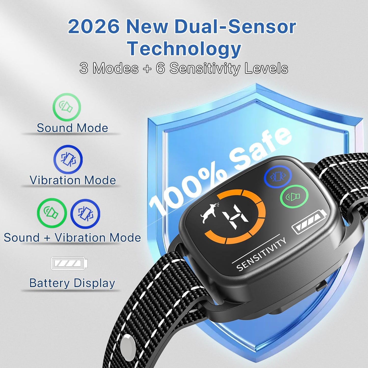 Dinjoo anti-bark collar LED display showing sensitivity levels
