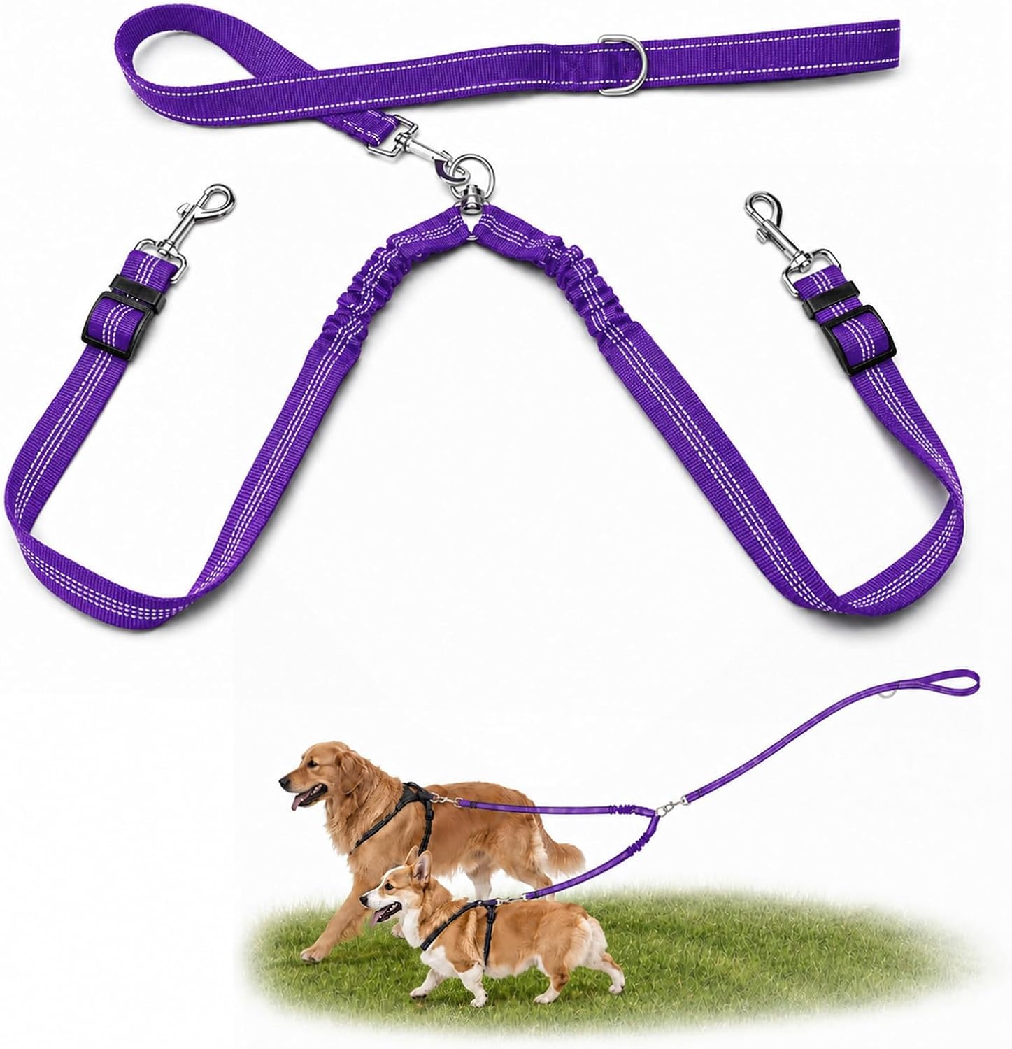 Double Dog Leash for Two Dogs, Complete Set with 31.5" Main Leash + Adjustable Splitter, Padded Handle, D-Ring, 360 degrees Swivel, Shock-Absorbing Bungee, Reflective for Small Medium Large Dogs (Black) - Image 11