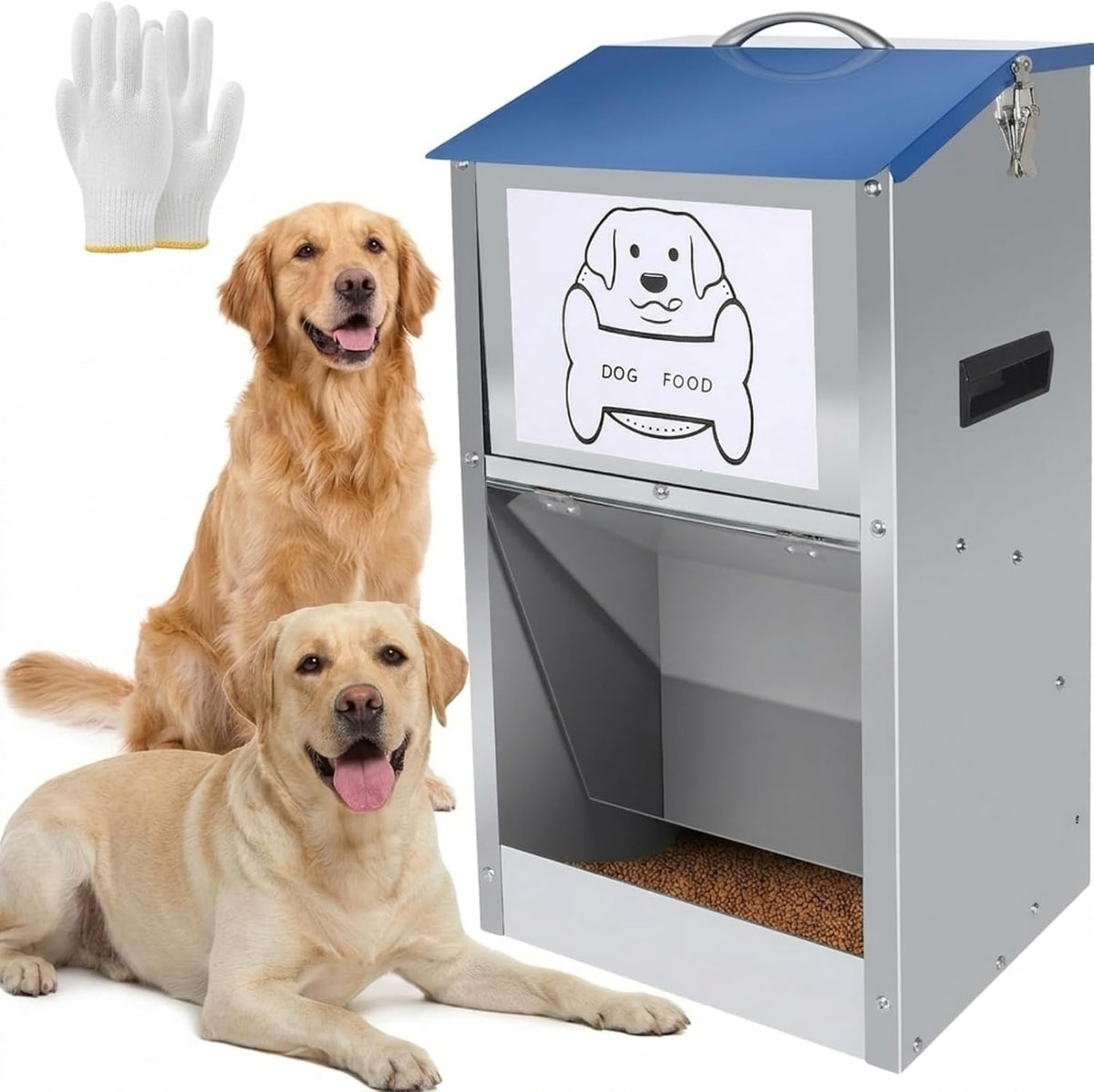 Hizmivos galvanized automatic dog feeder front view showing the clear gravity door