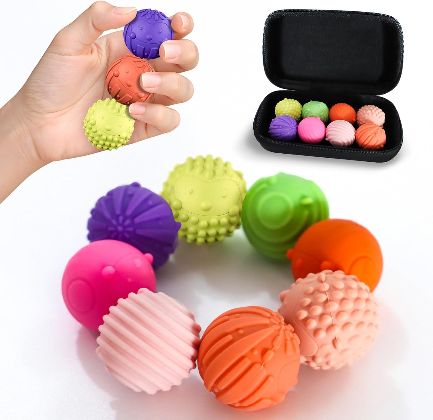 Bnoiiok magnetic fidget balls front view showing eight colorful textured silicone sensory spheres clustered together.