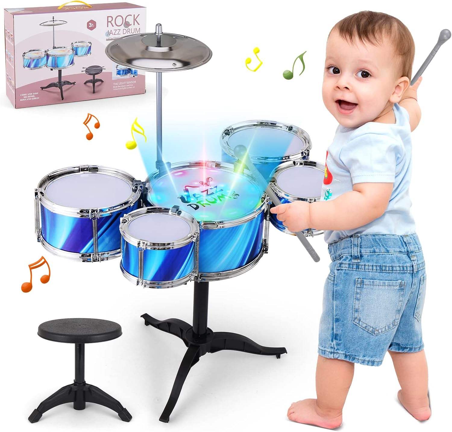 PaLeyFer kids drum set 15-piece toddler jazz kit front view showing main bass drum and cymbals