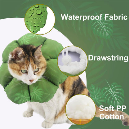 QIYADIN adjustable cat Elizabethan collar green leaf print medium size