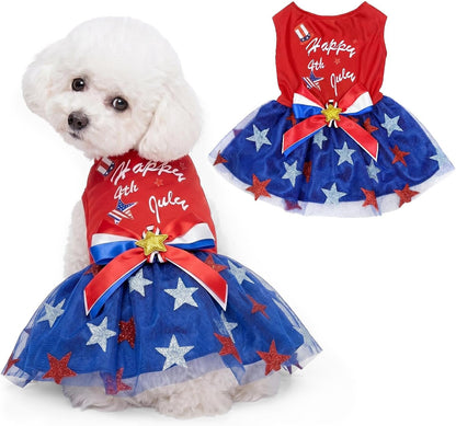 Hying small puppy clothes independent day printed dress side profile view.