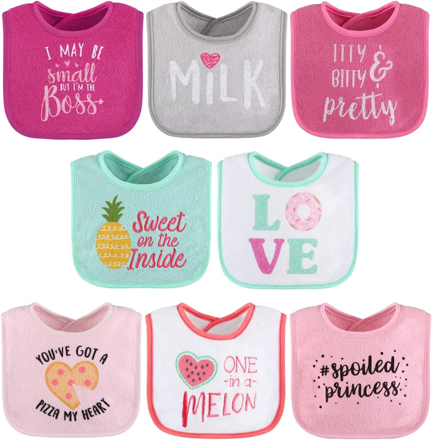 The Peanutshell baby girl terry bib set front view showing cute food designs