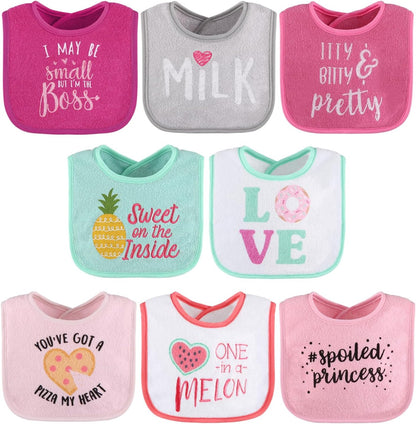 The Peanutshell baby girl terry bib set front view showing cute food designs