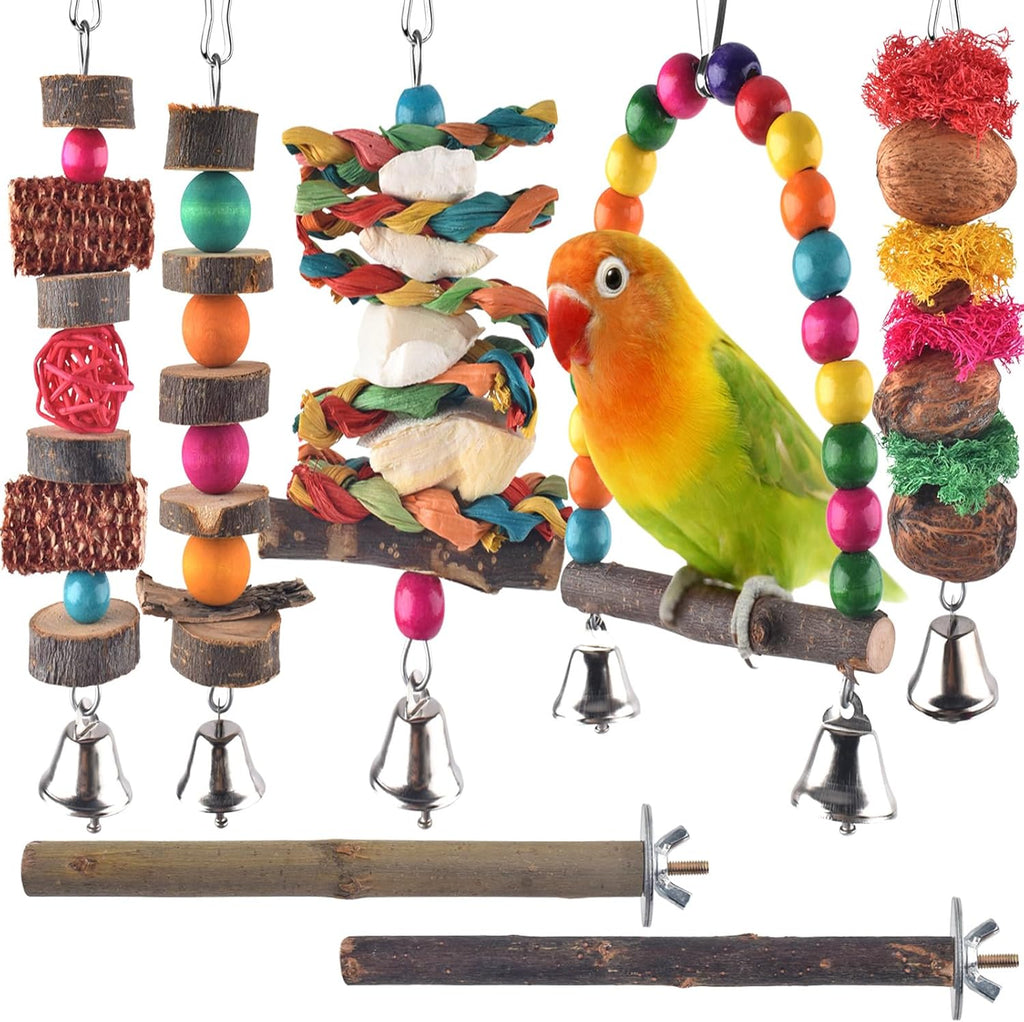 Bissap 7-Pack Bird Chew Toys set with hanging wooden accessories