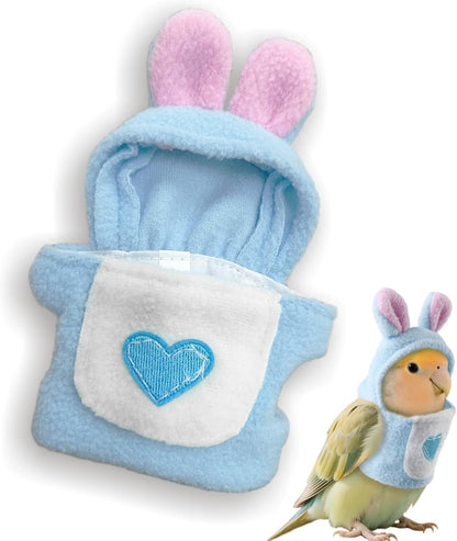 HELAIMAY Love Bellyband Rabbit Ears Pet Bird Costume front view of the light blue parrot hoodie.