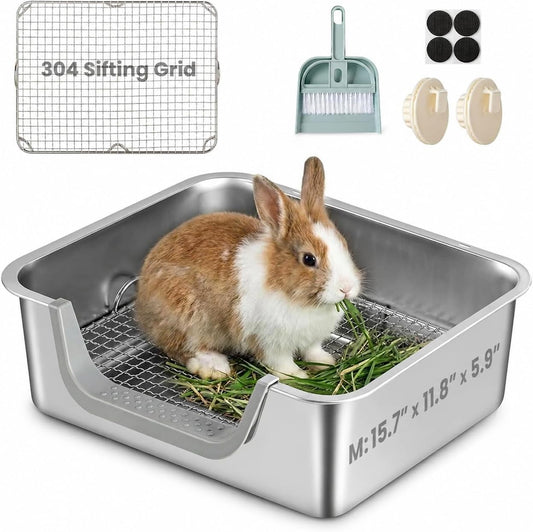 Stainless steel rabbit litter box front view