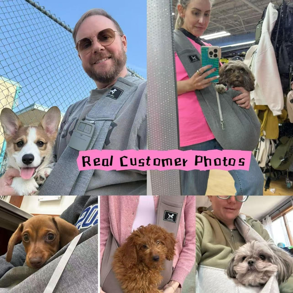 Plus size dog sling carrier for small pets showing bust fit