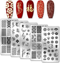 PH PandaHall Traditional Chinese Style Nail Stamping Plates front view showcasing five stainless steel stencil designs.