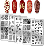 PH PandaHall Traditional Chinese Style Nail Stamping Plates front view showcasing five stainless steel stencil designs.