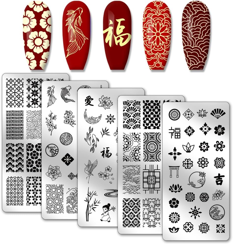PH PandaHall Traditional Chinese Style Nail Stamping Plates front view showcasing five stainless steel stencil designs.