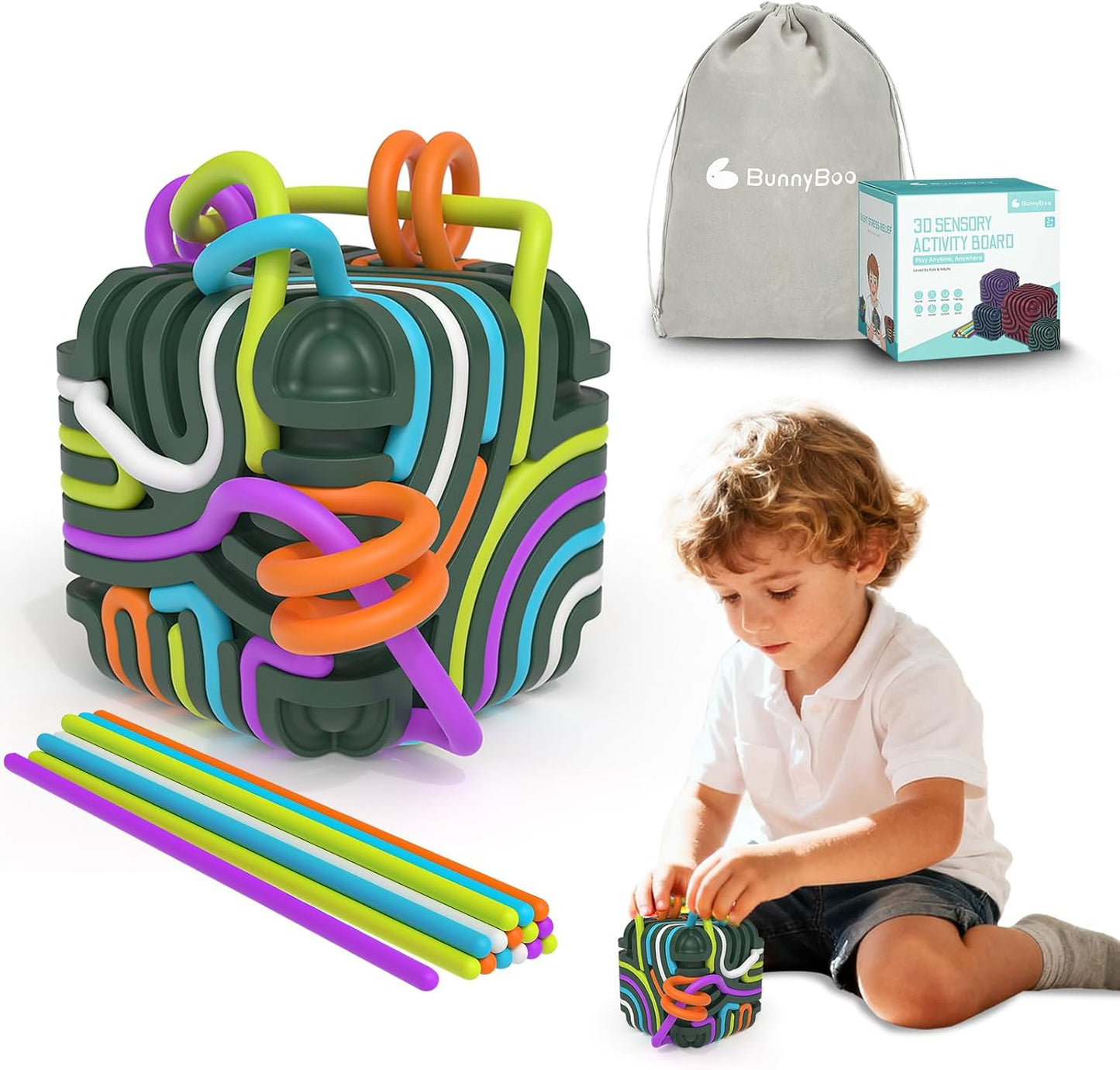DdLuck BunnyBoo Sensory Activity Board front view showing green silicone maze cube with colorful strings.