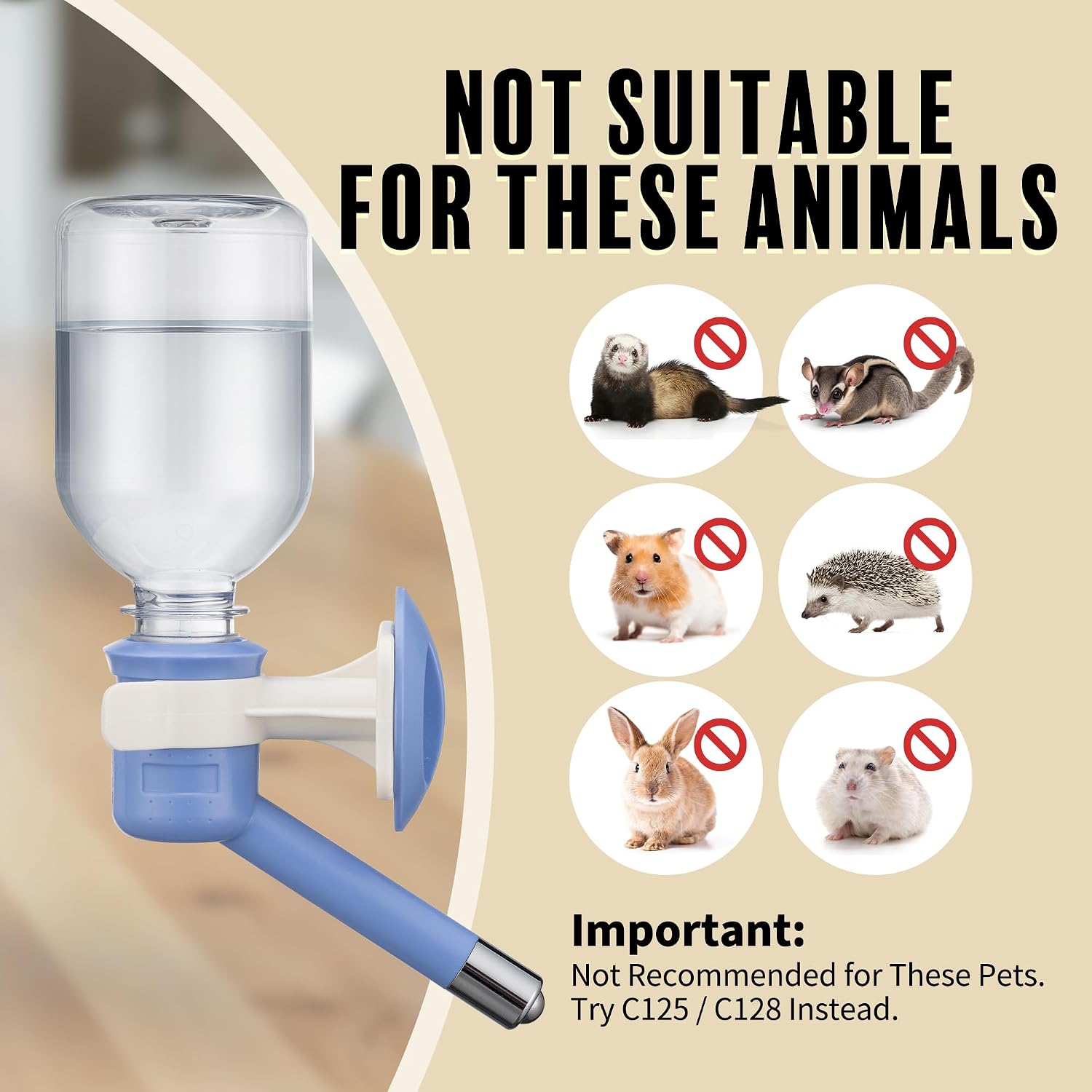 Side angle view of the Choco Nose blue water feeder highlighting the secure snap on bracket mechanism.